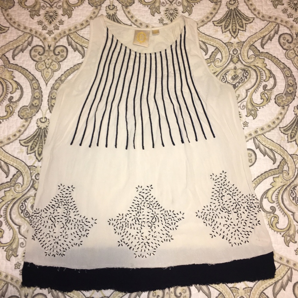 Anthropologie Cream and Black Embroidered Sleeveless Top